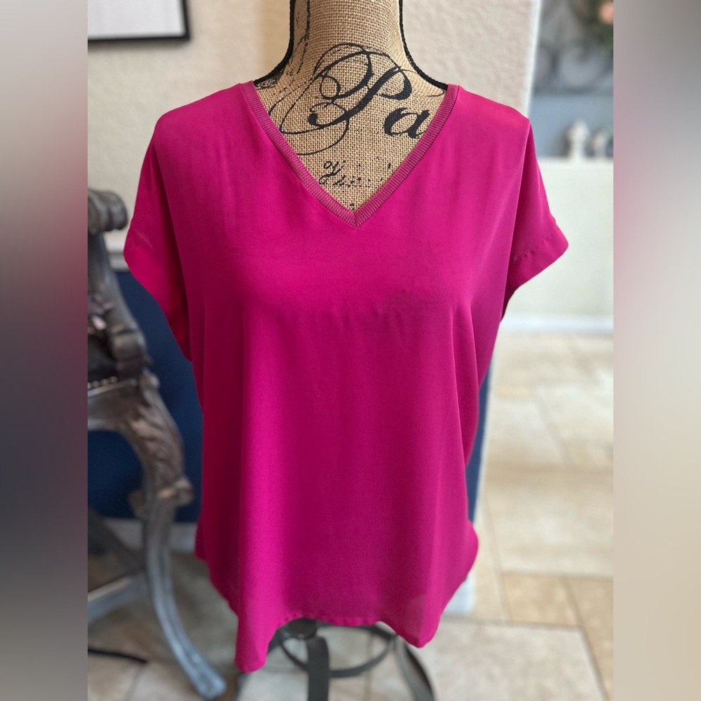 Worthington Magenta Fuchsia V-Neck Short Sleeve Top Blouse XL